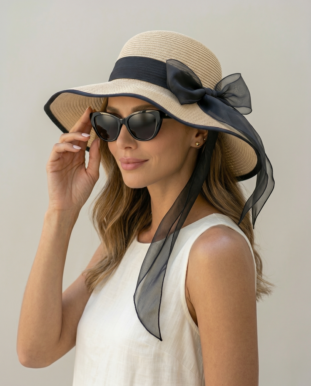 Elegant Wide Brim Straw Sun Hat with Black Bow