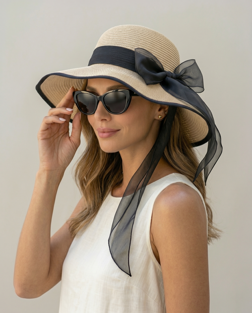 Elegant Wide Brim Straw Sun Hat with Black Bow