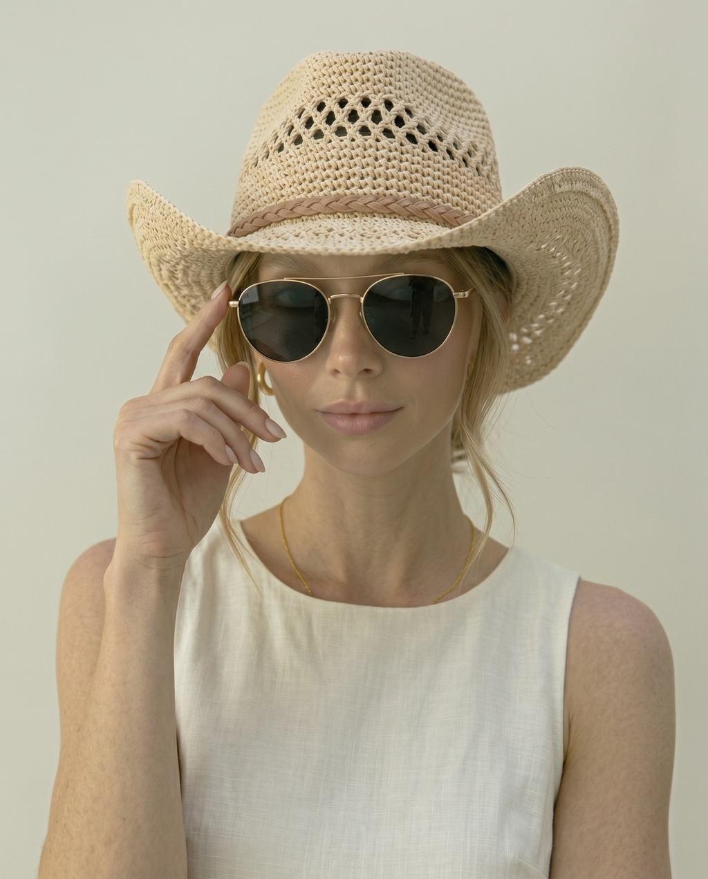 Women’s Crochet Straw Cowboy Sun Hat