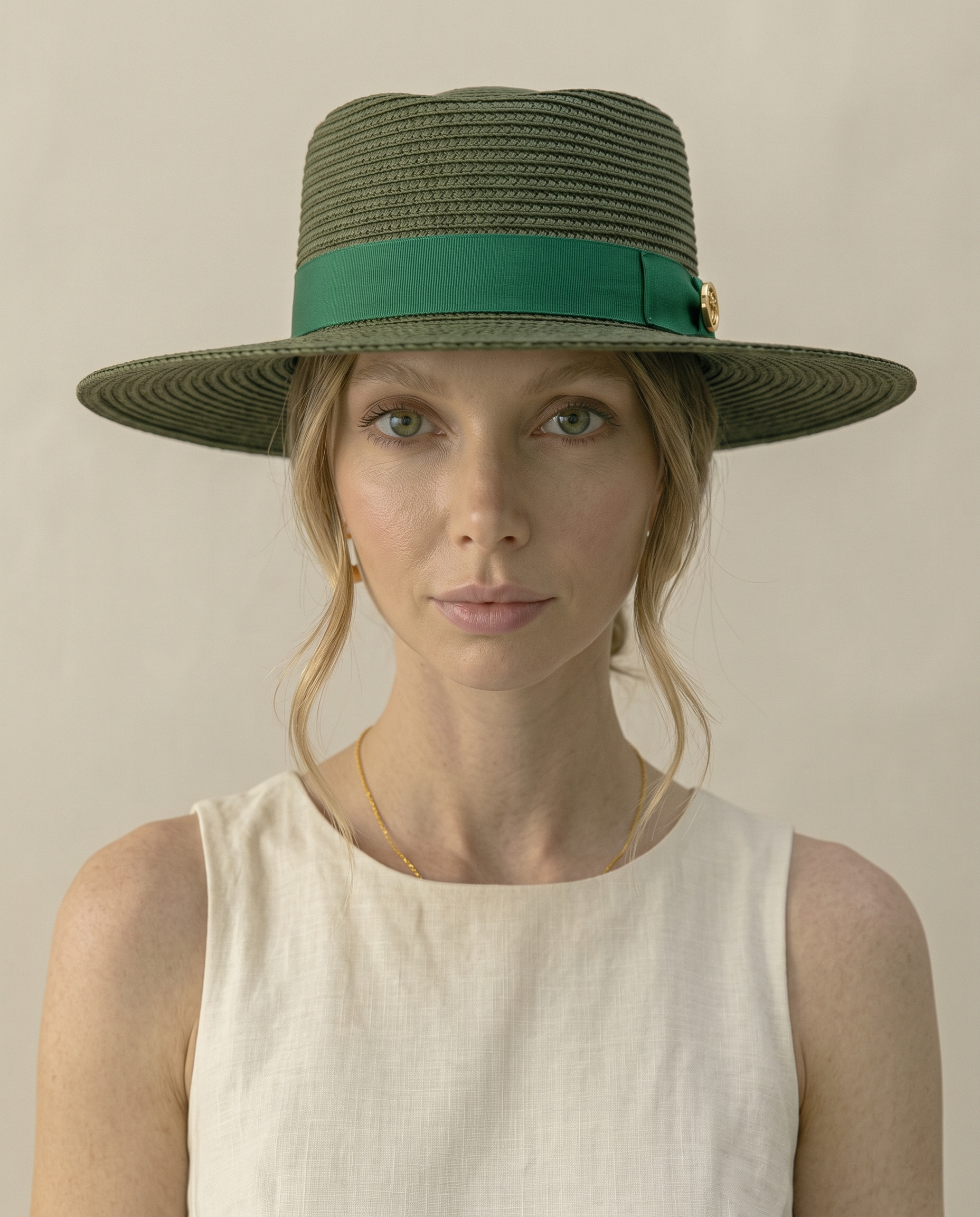 Olive Green Flat Brim Straw Hat with Ribbon Band