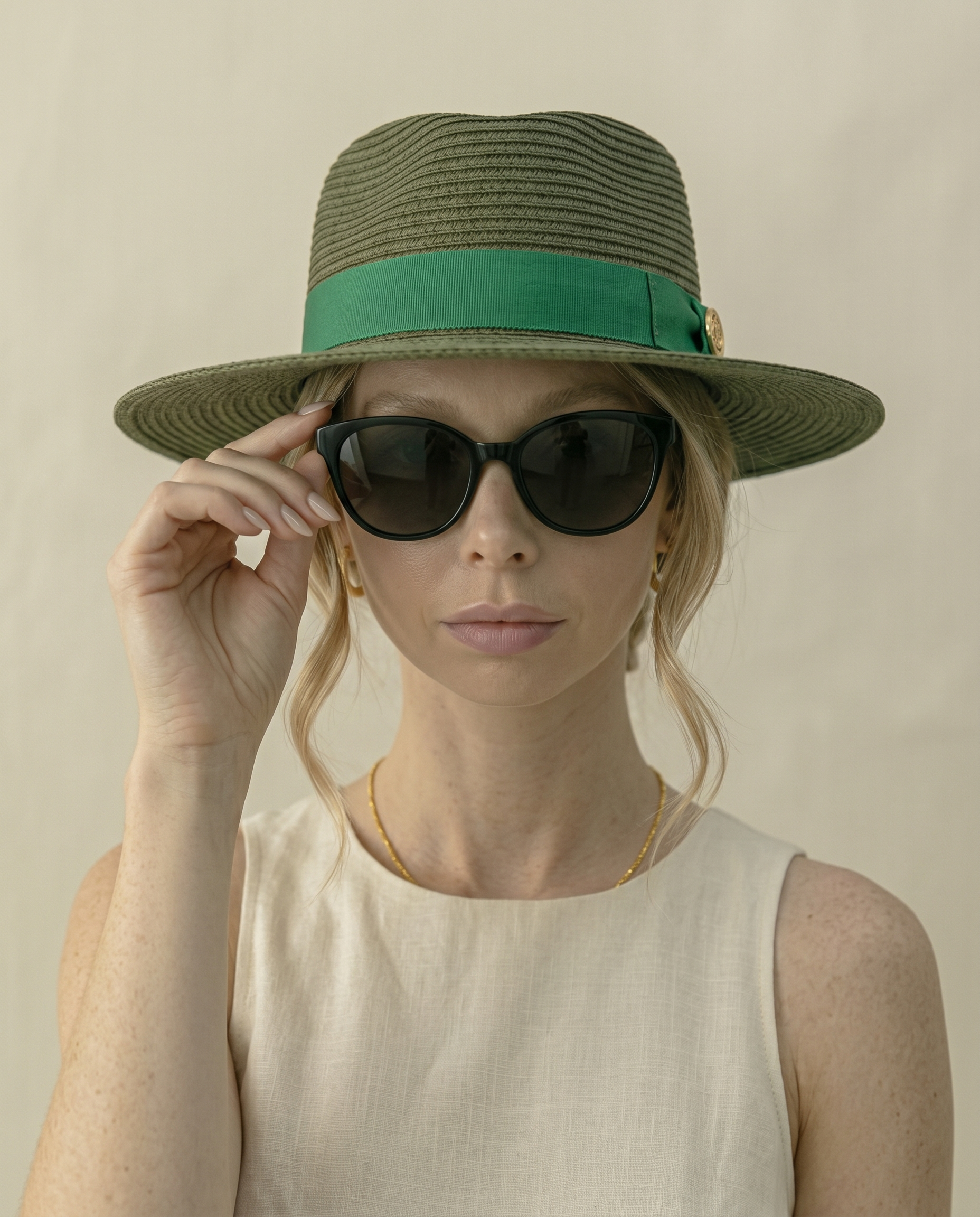 Olive Green Flat Brim Straw Hat with Ribbon Band