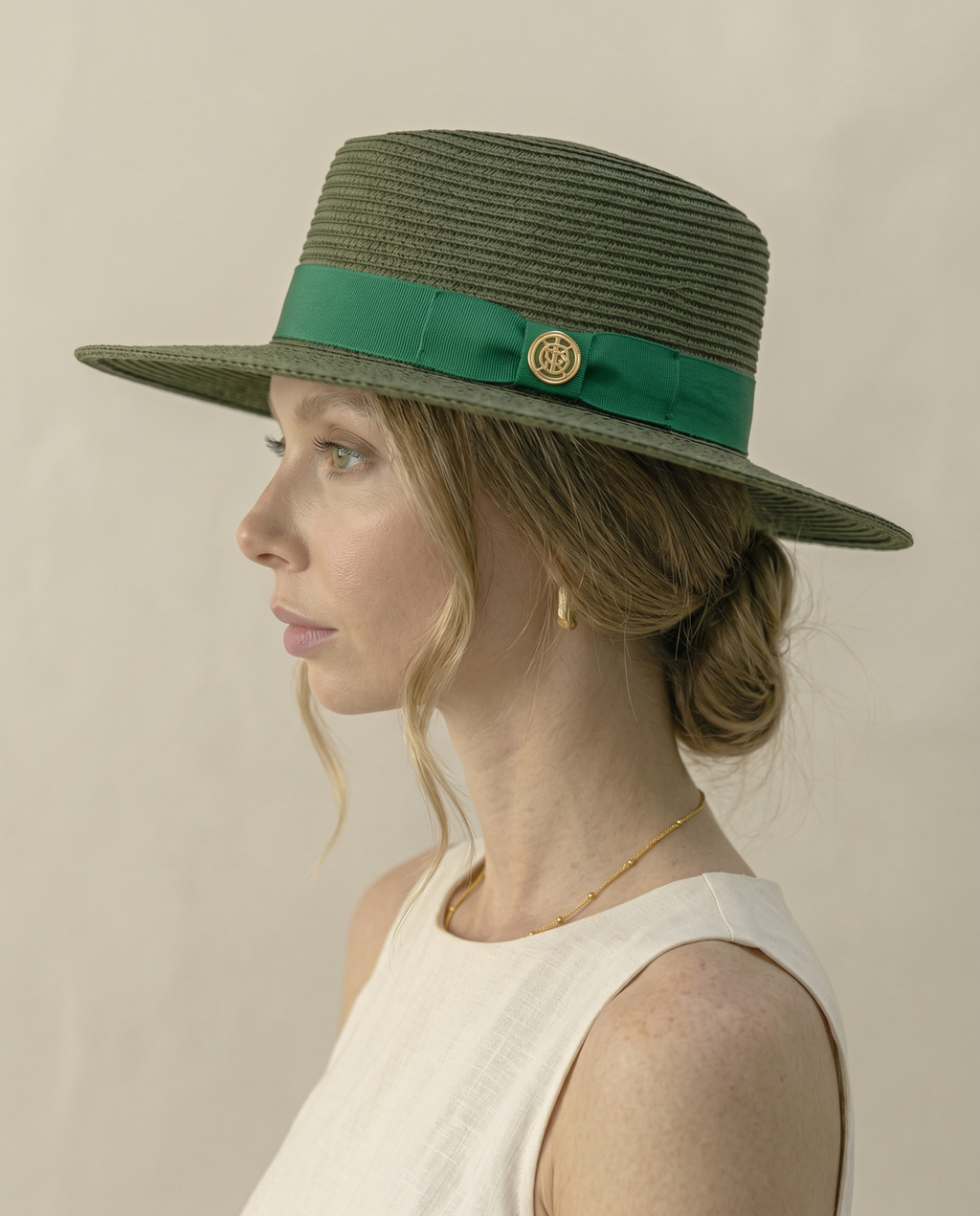 Olive Green Flat Brim Straw Hat with Ribbon Band